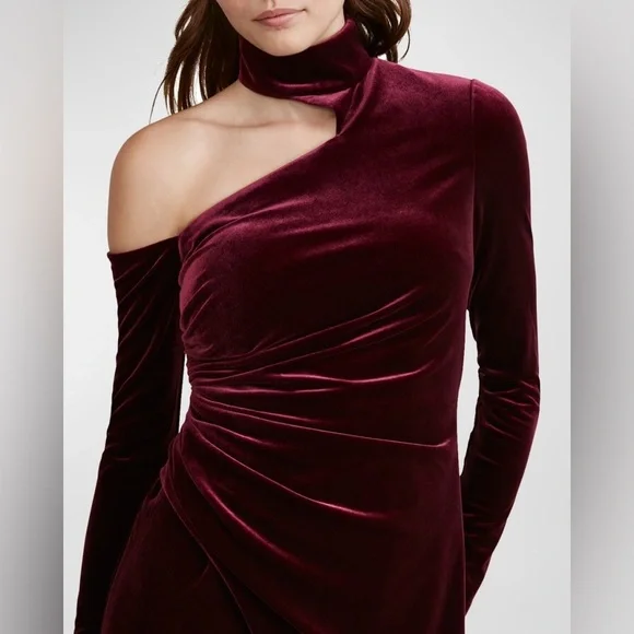 Zac PosenAsymmetric Long-Sleeve Mock-Neck Velvet Dress